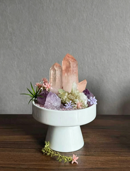 Strawberry Pink Quartz Crystal Arrangement with Amethyst Scepter & Green Phantom Quartz | Healing Crystal Table Decor for Career Luck & Self Love