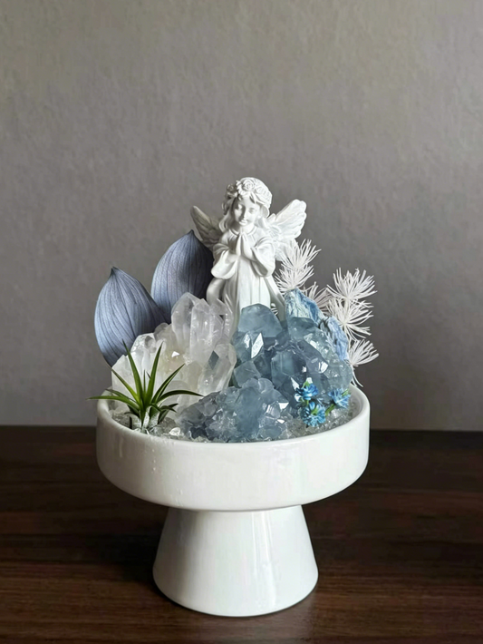 Himalayan Clear Quartz Crystal Arrangement with Celestite & Kyanite, Angel Statue Healing Crystal Decor for Energy Cleansing & Better Sleep