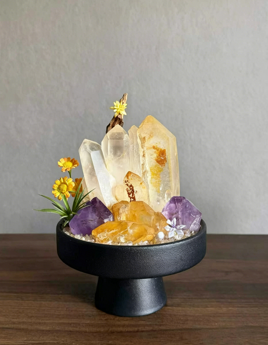 Golden Himalayan Quartz Crystal Arrangement with Madagascar Yellow Hematoid Quartz & Amethyst Scepter | Wealth Attracting Desk Decor for Abundance & Career Benefactor Luck