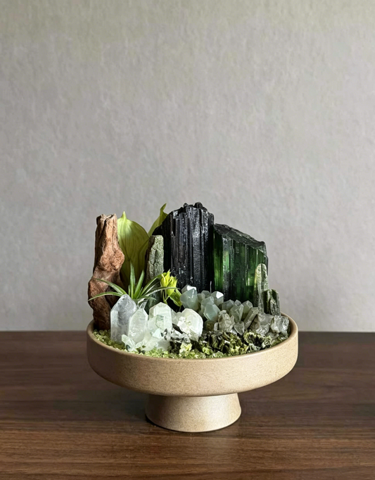 Black Tourmaline Crystal Arrangement with Green Tourmaline, Green Phantom & Clear Quartz | Protection Desk Decor for Career Growth, Wealth Attraction & Block Negative Energy