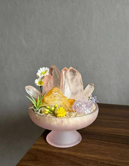 Clear Pink Quartz Crystal Arrangement with Golden Himalayan Fracture Quartz & Amethyst Skeletal | Love & Wealth Desk Decor for Self Confidence, Good Relationships & Career Luck