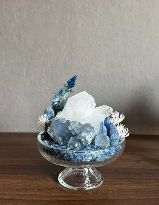 Himalayan Clear Quartz Crystal Arrangement with Celestite & Kyanite, Blue Throat Chakra Healing Decor for Energy Cleansing, Stress Relief & Better Communication