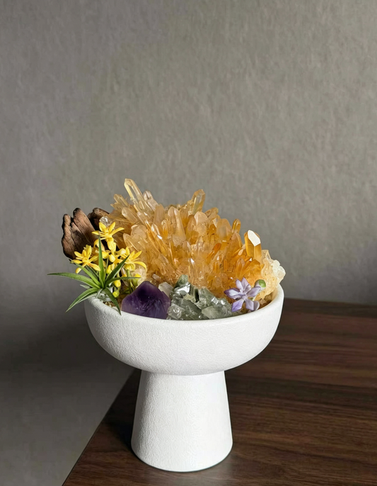 Golden Citrine Crystal Arrangement with Amethyst Skeletal & Green Phantom Quartz | Wealth & Career Desk Decor for Abundance, Business Growth & Mentor Luck