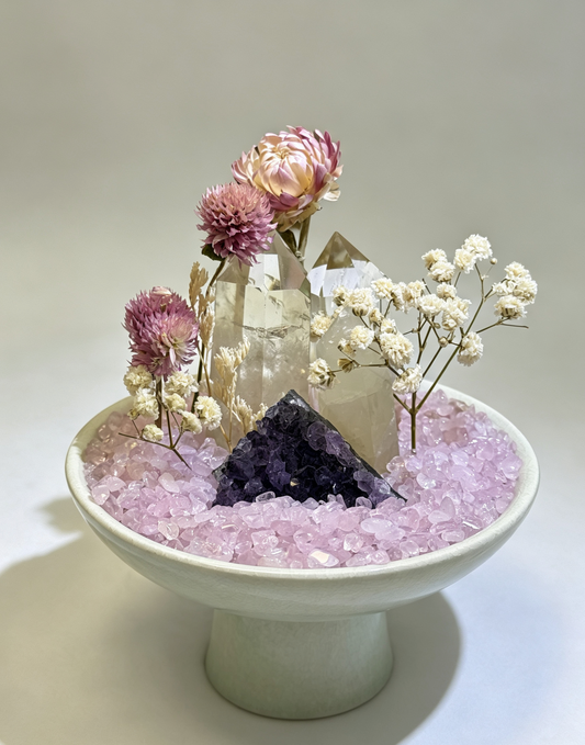 Clear Quartz Tower Crystal Garden with Amethyst Cluster & Rose Quartz Chips | Handmade Spiritual Desk Altar Decor