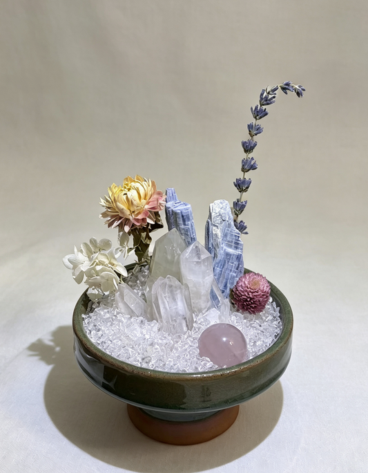 Calming Crystal Floral Arrangement | Clear Quartz & Blue Kyanite Crystal Garden Bowl with Preserved Dried Flowers
