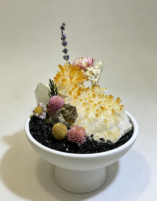 Citrine Crystal Garden Bowl with Preserved Dried Flowers | Abundance Crystal Floral Arrangement White Ceramic Pedestal Decor