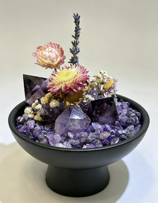 All-Amethyst Crystal Garden Arrangement with Preserved Dried Flowers | Handmade Spiritual Desk Altar Decor